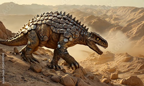 A large armored dinosaur-like creature navigating rocky terrain in a desert landscape at sunset