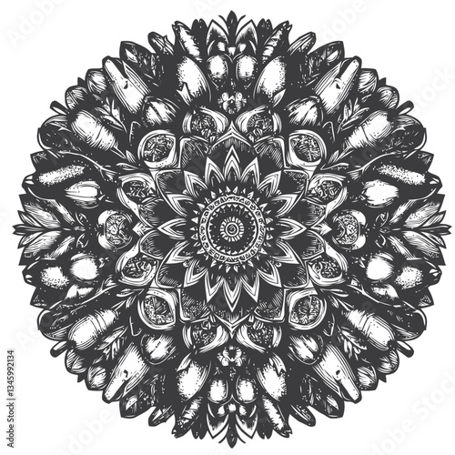 Creative circular pattern of vegetables in a vibrant kaleidoscope style