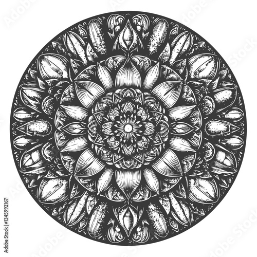 Artistic symmetrical kaleidoscope of vegetables in vibrant circular illustration