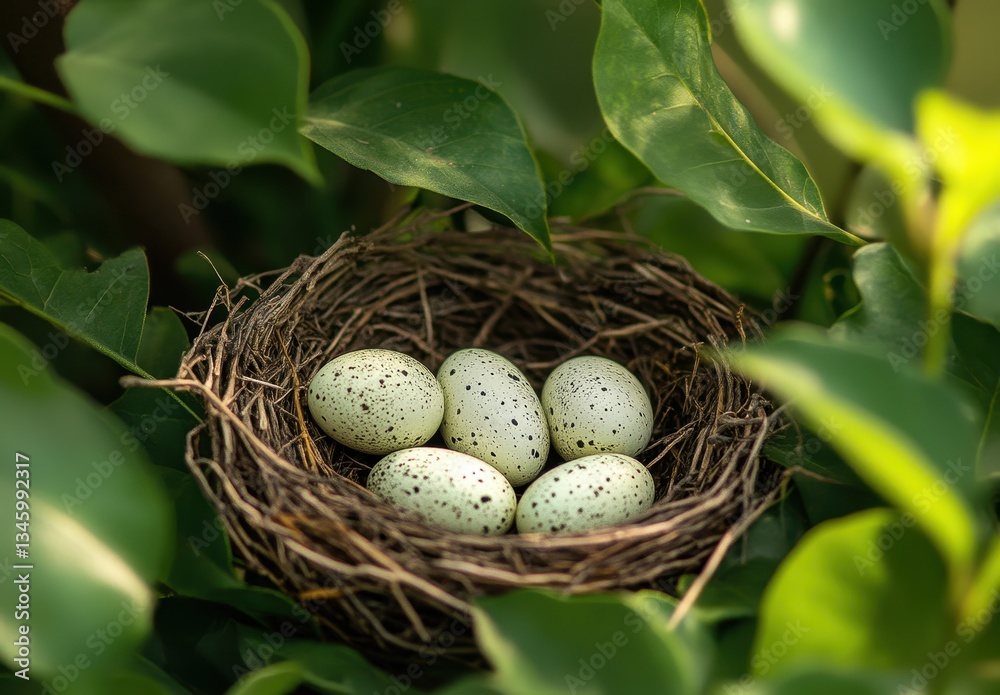 A Beautiful Nest with Speckled Eggs Surrounded by Lush Green Leaves in a Natural Setting Perfect for Spring Nature Photography A Beautiful Nest with Speckled Eggs Surrounded by Lush Green Leaves in a Natural Setting Perfect for Spring Nature Photography