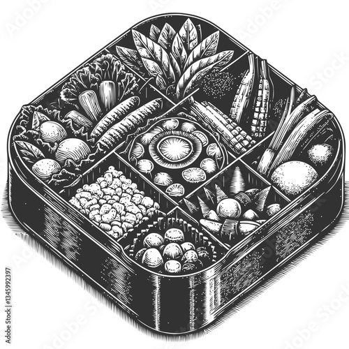 Hand-Drawn Japanese Bento Box Depiction with Artistic Vegetables