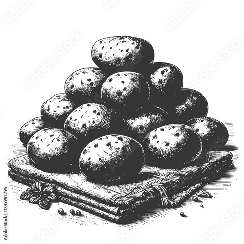 Rustic design of potatoes on linen, engraved illustration