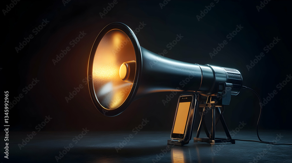 A Powerful Megaphone Amplifying A Smartphones Message In A Dramatic, Dimly Lit Setting With Warm, Glowing Tones A Powerful Megaphone Amplifying A Smartphones Message In A Dramatic, Dimly Lit Setting With Warm, Glowing Tones