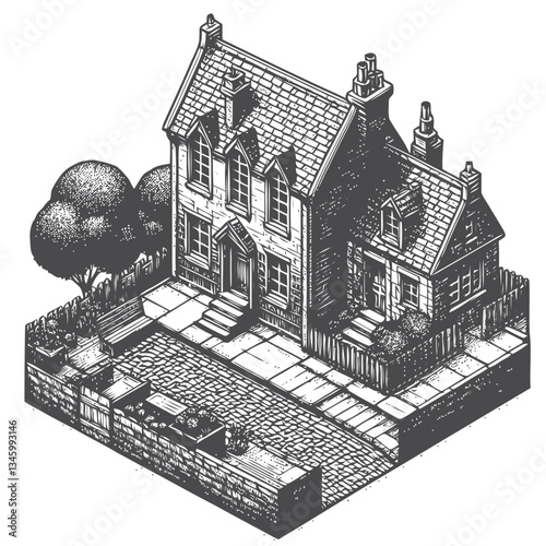 Picturesque cobblestone street with a detailed tiny house illustration
