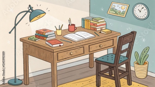 A wooden desk with books, a lamp, and a chair, perfect for a cartoon student’s room.