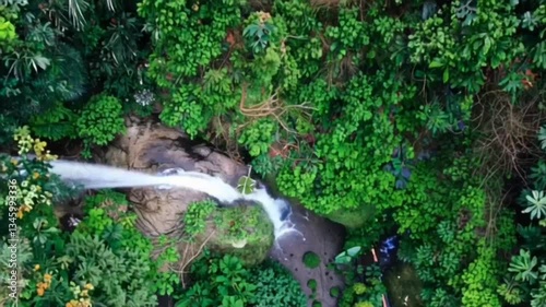 Majestic Jungle Waterfall Fly-Through: Aerial View of Lush Tropical Forest and Cascading Water in 4K