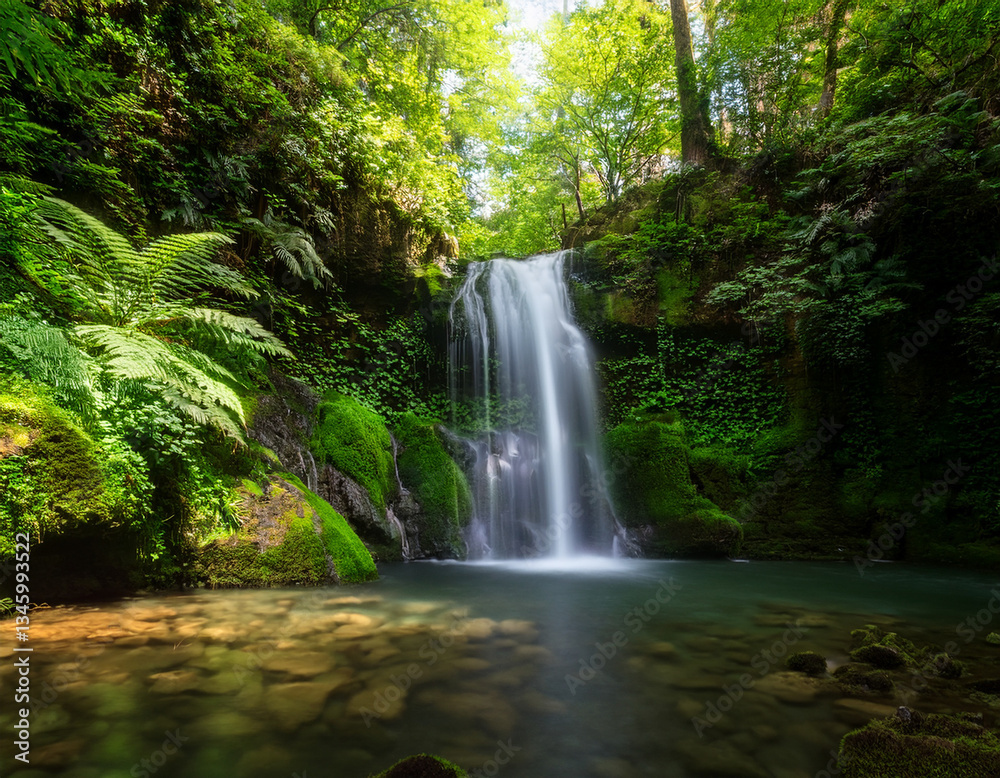 A cascading waterfall surrounded by lush greenery captured with soft lighting to represent freshness and purity A cascading waterfall surrounded by lush greenery captured with soft lighting to represent freshness and purity