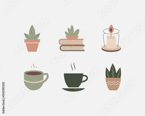 Minimalist Cozy Icon Set – Plants, Books, Coffee, and Candle