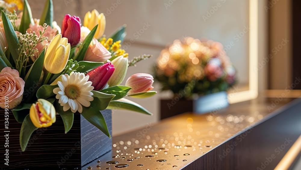 Obraz premium Vibrant spring flower arrangements decorate a modern interior space with a warm ambiance during daylight hours