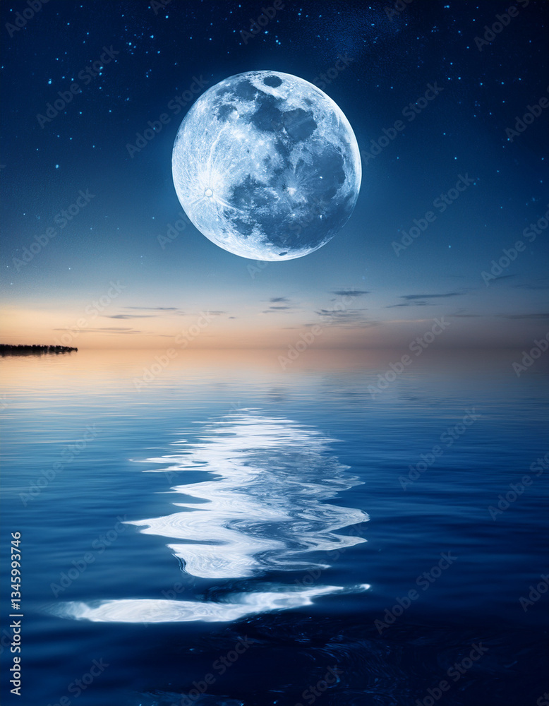 A mirror reflection of the moon over a calm ocean at night, showing serenity and purity A mirror reflection of the moon over a calm ocean at night, showing serenity and purity