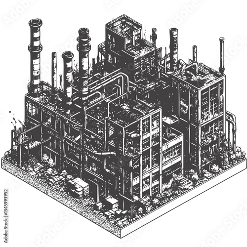 Rusting industrial factory with broken windows in a derelict condition
