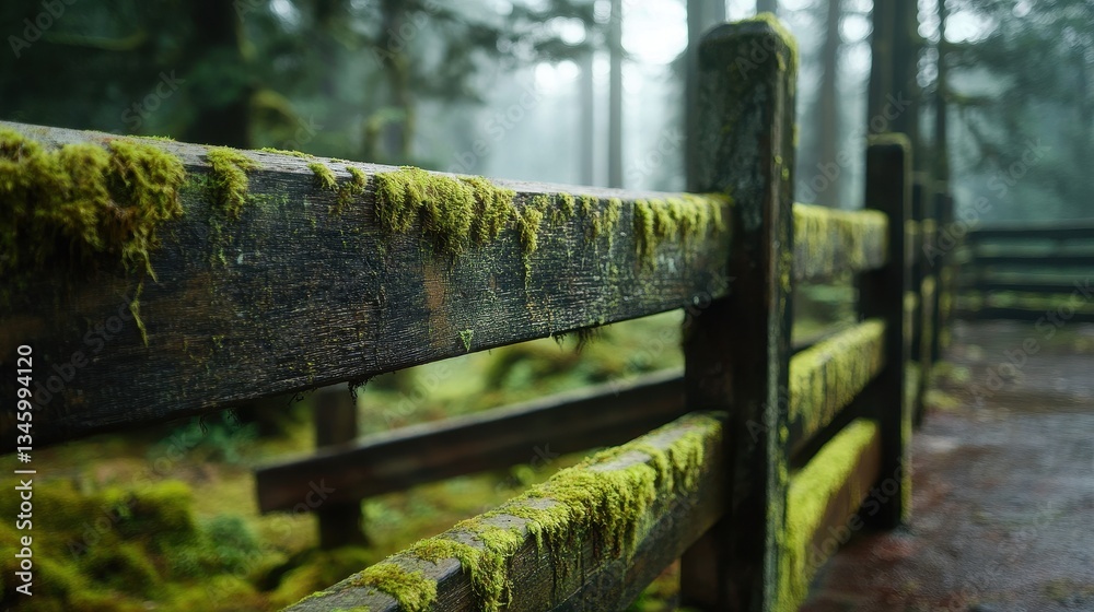 Fototapeta premium Misty Forest Scene with Wooden Fence Covered in Green Moss