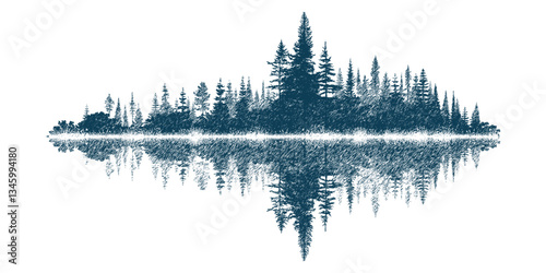 Forest reflected in the lake, vector sketch, imitation of a pencil drawing