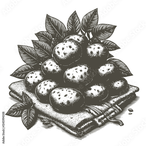 Engraving of stacked potatoes resting on rustic linen fabric