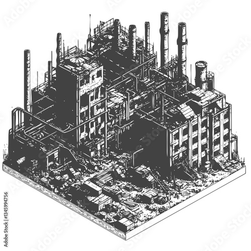 Decaying industrial factory with broken windows and rusting pipes