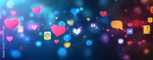 Social media icons floating with hearts representing sharing love and feedback online