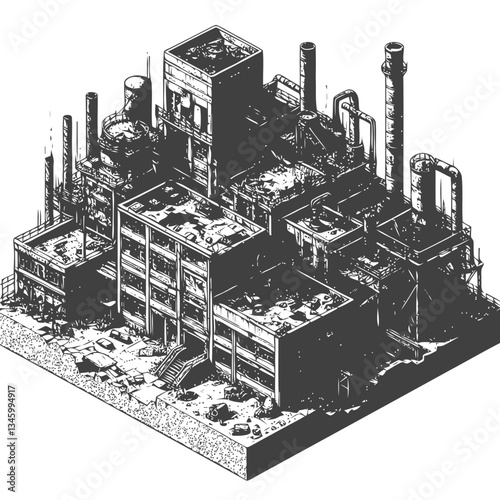 Illustration of an abandoned factory with corroded pipes and shattered windows