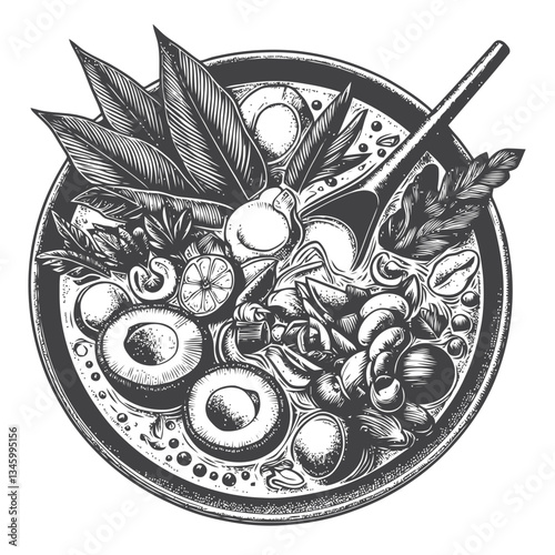 Rich Thai curry with aromatic spices and floating vegetables in broth