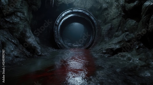Dark cave tunnel, ominous ring, bloody path.  A mysterious,  underground passage,  illuminated by a circular metallic archway,  is filled with a pool of crimson liquid.  