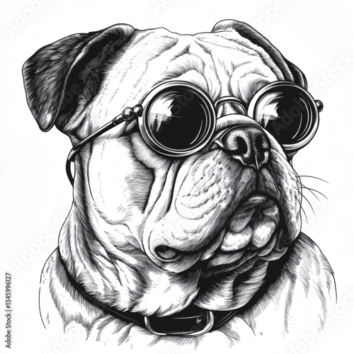 A black and white drawing of a dog wearing glasses