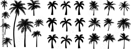 Modern palm tree silhouettes are featured in a set illustration isolated on a white background, comprising hand-drawn relax palmtree drawings suitable for sea and beach travel designs