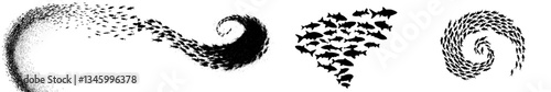 A school of fish forms a silhouette as a group of small sea fishes swim in a circle, showcasing ocean life and the underwater ecosystem of deep marine animals, including plenty of tuna, in a set of