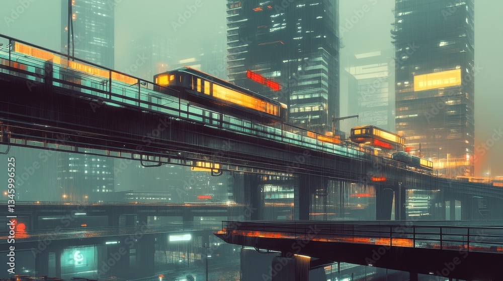 Fototapeta premium A modern elevated transit system amidst large city buildings