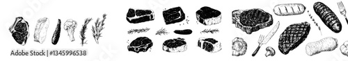A set of modern stakes food is depicted in a black ink sketch, featuring bbq ribs, grilled sausages, pepper, garlic, lemon, mushrooms, vegetables, and salad products