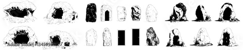 Illustrations of cartoon cave entrances, stone mountain holes, and old prehistoric rock caverns evoke images of ore mining tunnels and caveman dens in a game-like setting