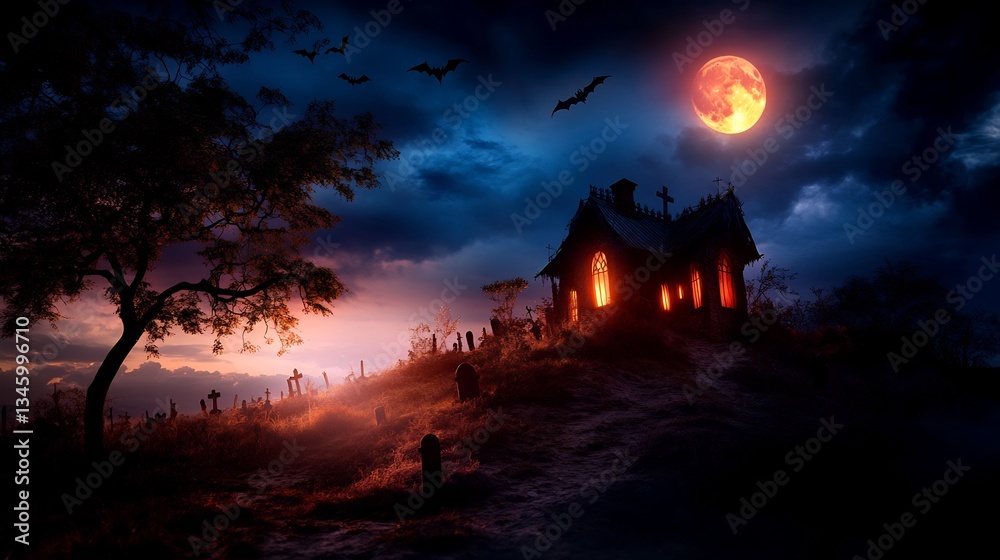 Fototapeta premium Spooky Halloween Night: Haunted House on Hilltop under Blood Moon