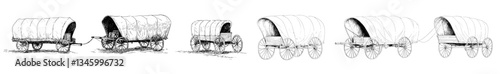 Old rustic wagons depicted in wild west wagon sketches represent western American pioneer or cowboy transport with tents on wooden wheels in antique vans and vintage tattoo drawing sets as modern