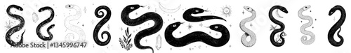 The black logo of mystical snakes is replete with esoteric occult symbols, spiritual serpent and moon star tattoos, and ingenious modern illustrations of celestial magic and witch boho elements