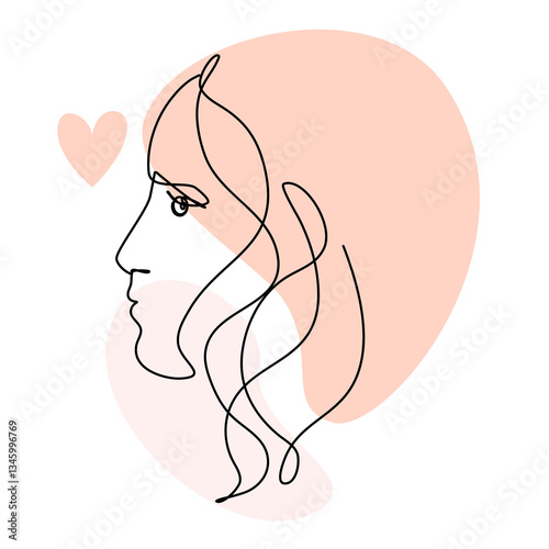 Minimalistic line art depicting a female profile with delicate flowing lines and a heart shape. Soft pastel colors enhance the elegant and serene composition.