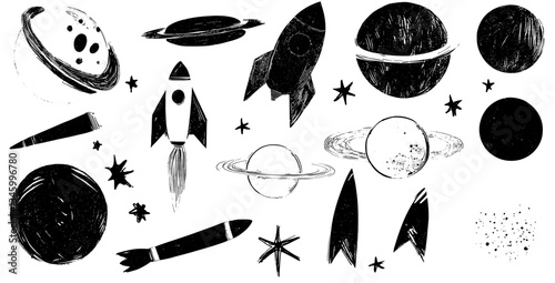 Outer space is depicted in a modern illustration featuring hand-drawn doodle elements, including planets, rockets, a comet, and a rocketship, forming a cosmic set