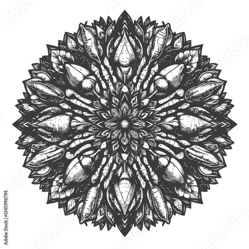 Geometric kaleidoscope illustration featuring vegetables in a vibrant circular style