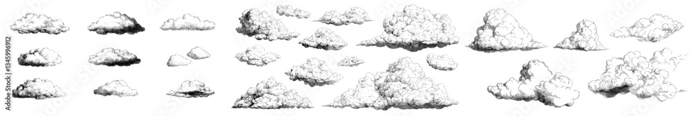 Engraving clouds with a vintage touch, featuring a cloudscape of steamy air, fluffy sky tufts, and curved streams in a retro hand-drawn black ink sketch