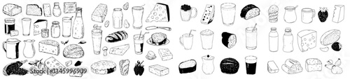 Engraved illustrations of dairy products, including a milk jug, butter, cottage cheese, and yogurt, symbolizing organic and fresh nutrition from rural farms that produce handmade food with high
