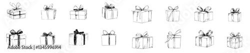 Hand-drawn retro monochrome vintage style gift boxes, featuring paper present packages with bows, wrapped celebration holiday containers, isolated on a modern white background