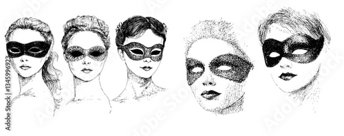 Creating carnival masks through engraving, a traditional aspect of Italian masquerades, featuring Venetian festival face coverings and anonymity accessories adorned with jewelry in monochrome black