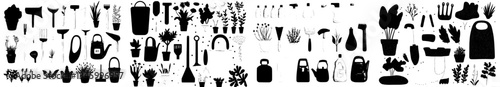 Cartoon garden instruments and tools for gardening, including a shovel, rake, and spade, along with seeds, plants, a wheelbarrow, cart, and hose, form a tidy modern illustration of spring farm