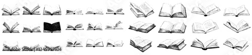 Engraving of an open, ancient book, featuring an old manuscript tome with historic writings in a vintage, aged volume, depicted as a monochrome, hand-drawn sketch in black ink, isolated from modern