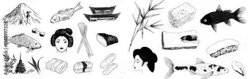 A set of drawings showcases Chinese culture through monochrome symbols, including a bonsai tree, carp, a girl holding a fan, sakura, a temple, sushi, and bamboo, blending traditional and modern