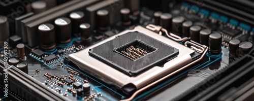 closeup on an advanced microchip or cpu of a powerful computer board with technical details elements as wide banner design with copy space area. Generative AI