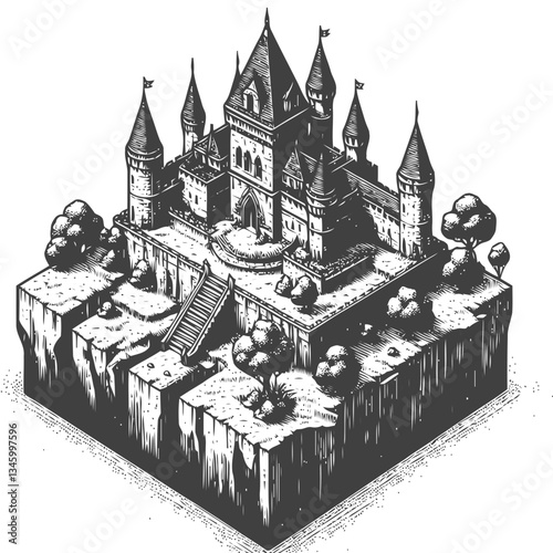 Stone medieval castle on a picturesque floating island with a vibrant sky