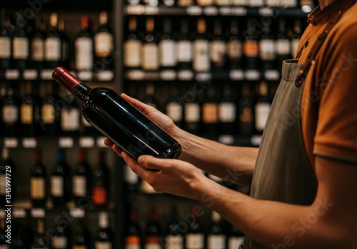 Wine shop employee holding red wine bottle in store with shelves in background