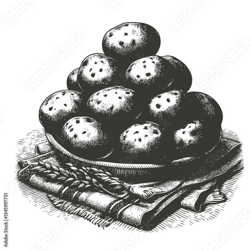 Handcrafted engraving of potatoes stack on rustic fabric background