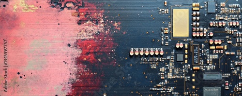 closeup on an advanced microchip or cpu of a powerful computer board with technical details elements as wide banner design with copy space area. Generative AI
