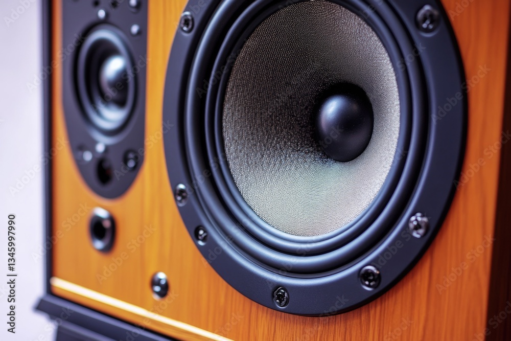 A detailed view of a speaker sitting on a wooden table, suitable for presentations or product demonstrations A detailed view of a speaker sitting on a wooden table, suitable for presentations or product demonstrations