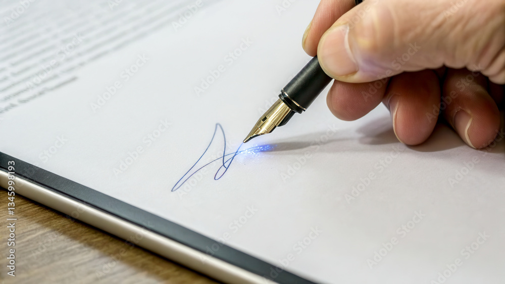 E-Signature concept. Hand signing a document with a pen on a wooden surface. E-Signature concept. Hand signing a document with a pen on a wooden surface.
