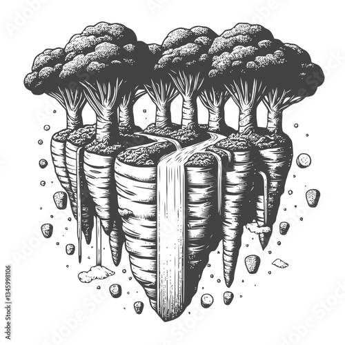 Fantasy artwork of a floating carrot island with enchanting waterfalls